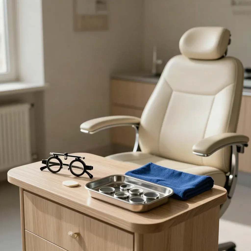Lege oogmeetstoel met proefbril, afdeklapje en instrumenttray in warm licht.