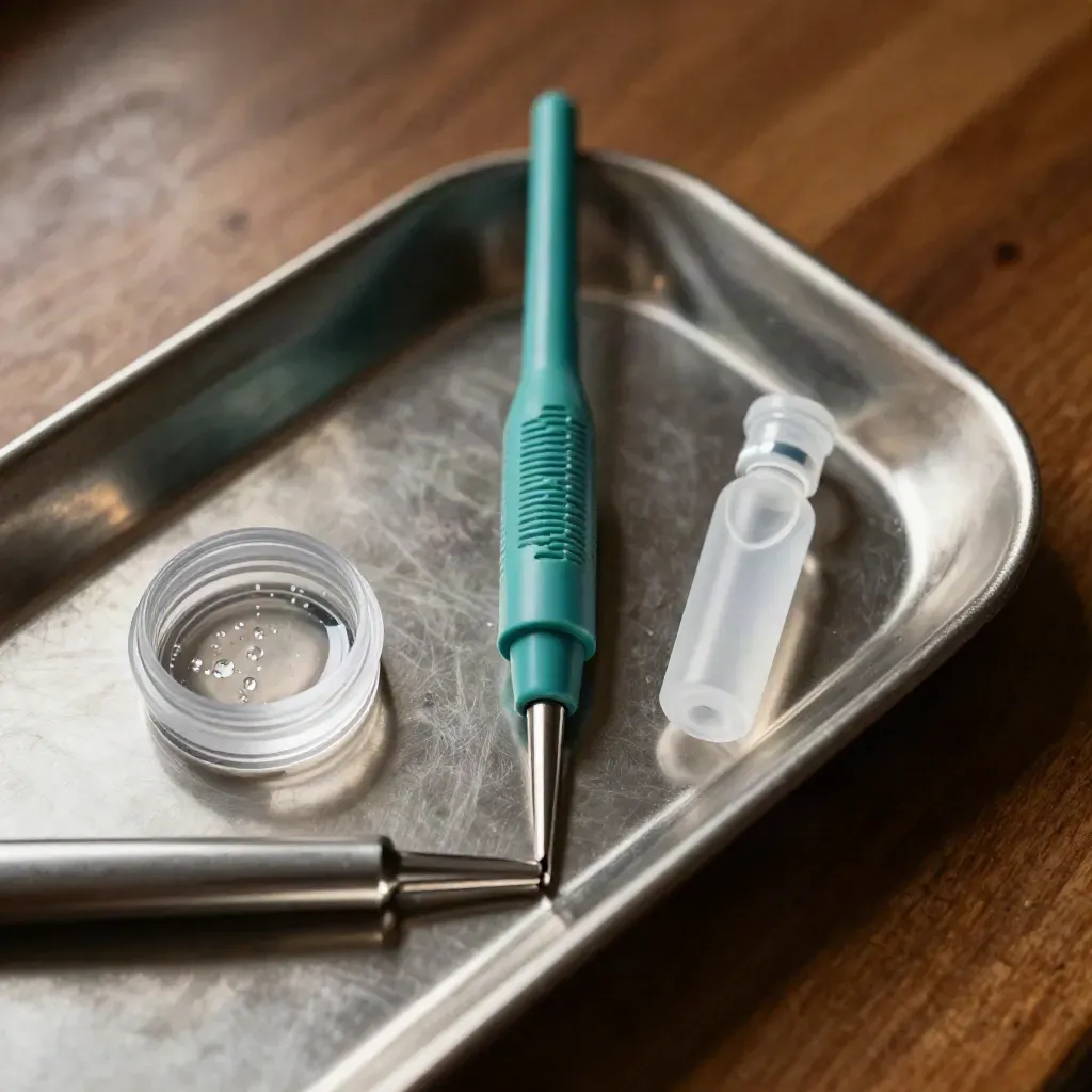 Suctiontool, zoutvloeistof en lenzendoosje op stalen tray in dramatisch licht