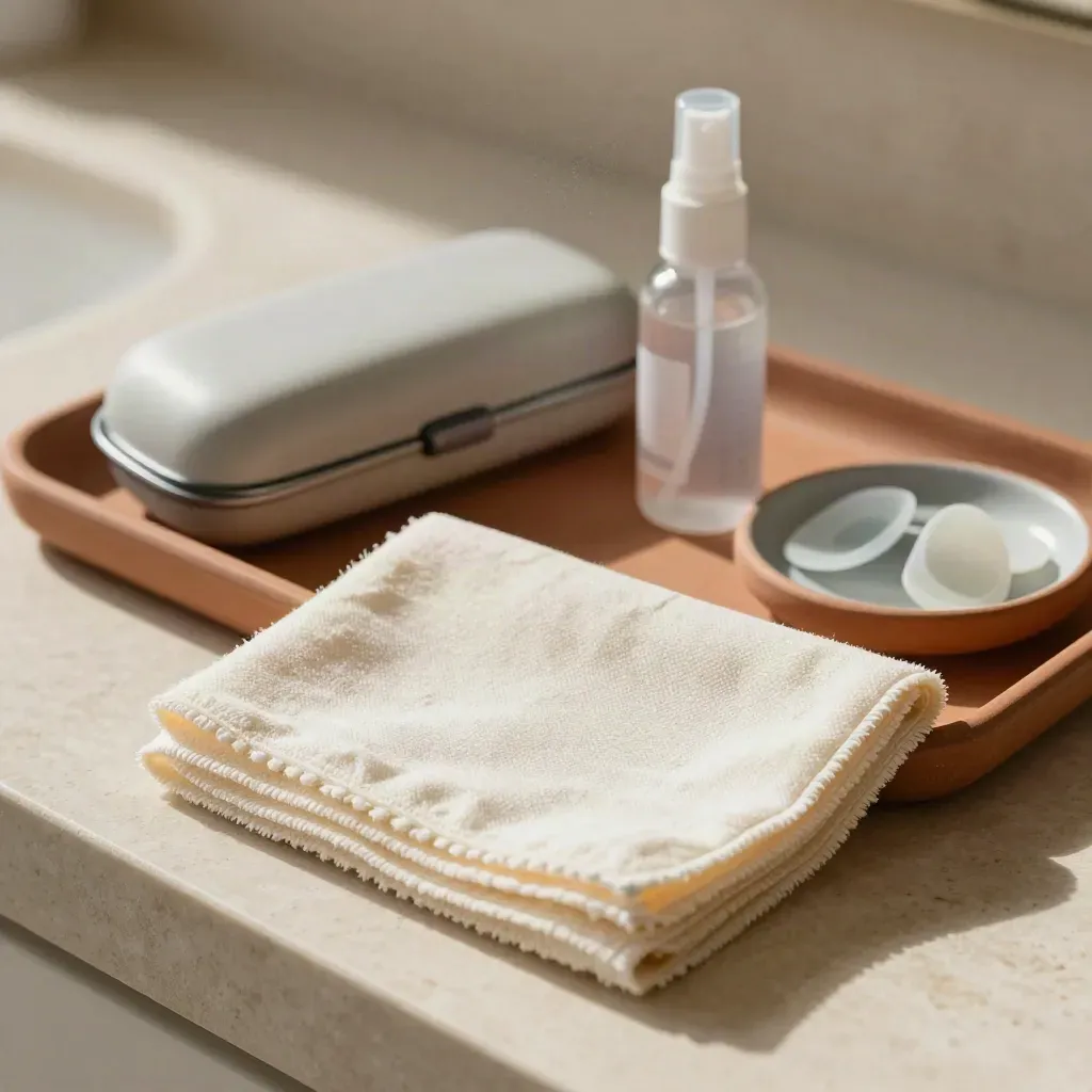 Microvezeldoekjes, brillenkoffers en reinigingsspray op een terracotta tray in zacht daglicht.