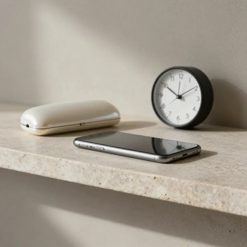 Smartphone, brillenkoker en klok op een stenen plank; afspraak staat vast.